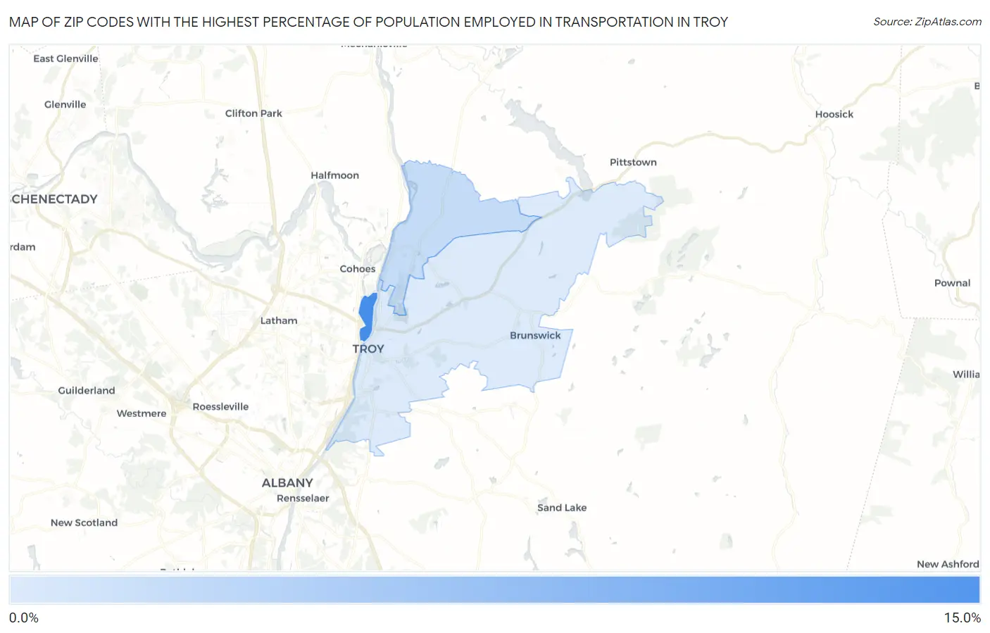 Zip Codes with the Highest Percentage of Population Employed in Transportation in Troy Map