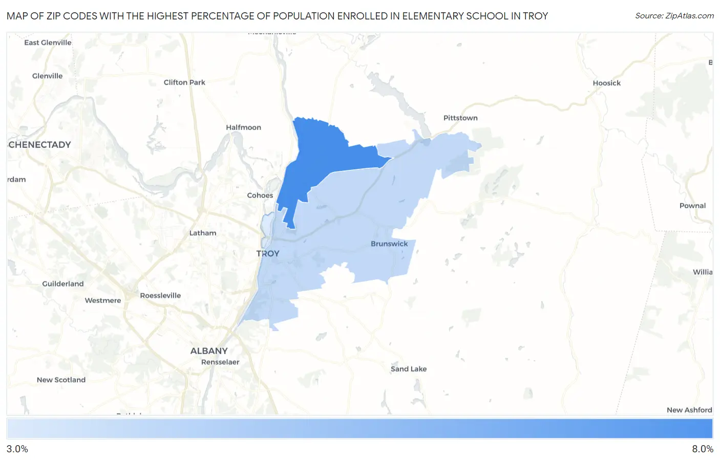 Zip Codes with the Highest Percentage of Population Enrolled in Elementary School in Troy Map