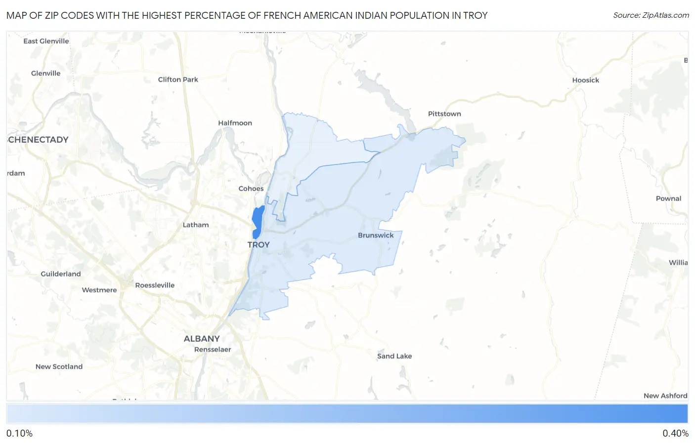 Zip Codes with the Highest Percentage of French American Indian Population in Troy Map