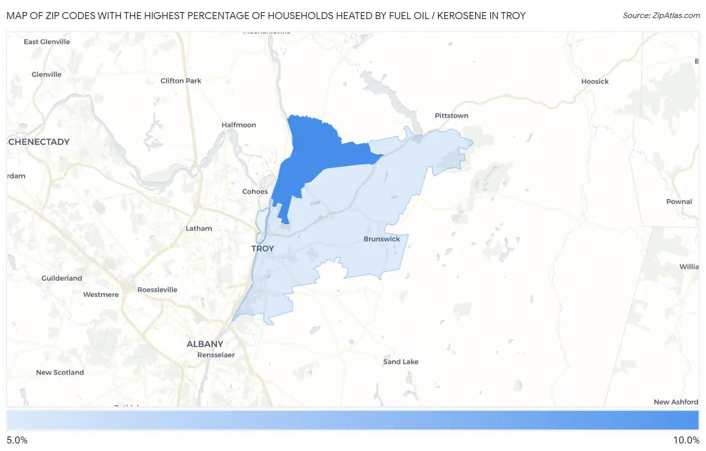 Zip Codes with the Highest Percentage of Households Heated by Fuel Oil / Kerosene in Troy Map