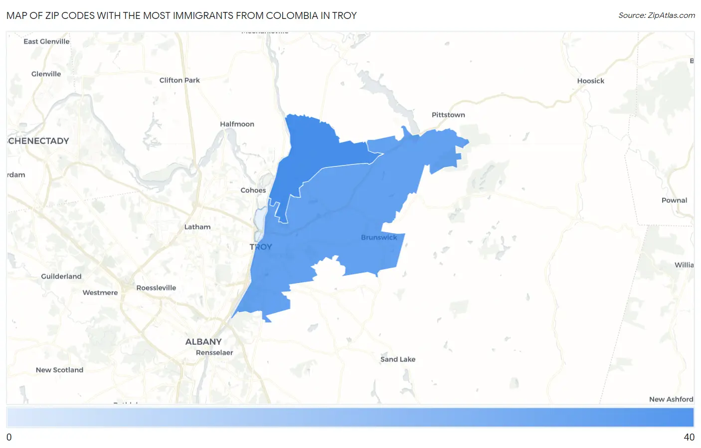 Zip Codes with the Most Immigrants from Colombia in Troy Map