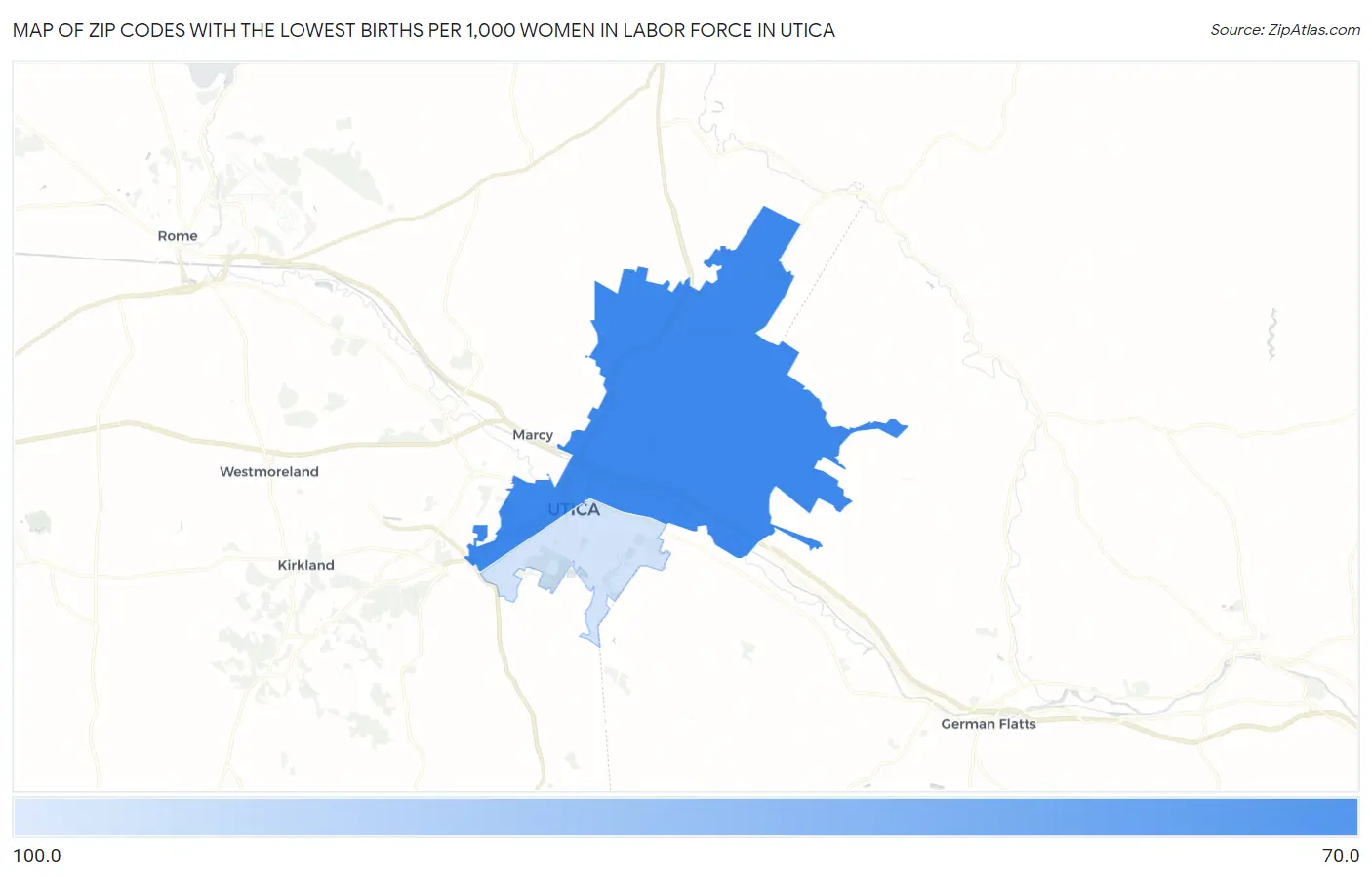 Zip Codes with the Lowest Births per 1,000 Women in Labor Force in Utica Map