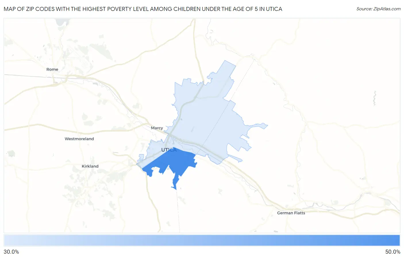 Zip Codes with the Highest Poverty Level Among Children Under the Age of 5 in Utica Map
