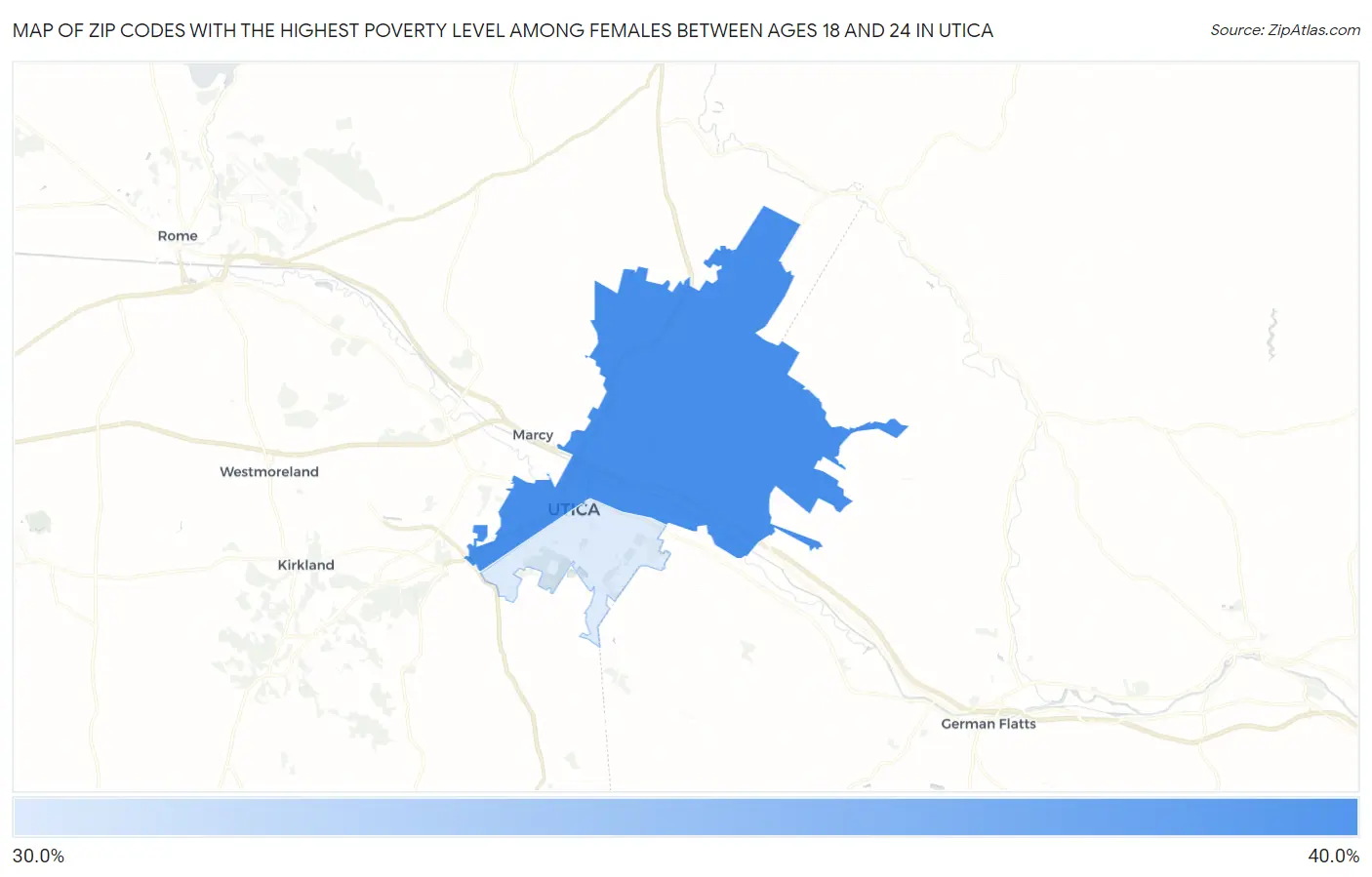 Zip Codes with the Highest Poverty Level Among Females Between Ages 18 and 24 in Utica Map