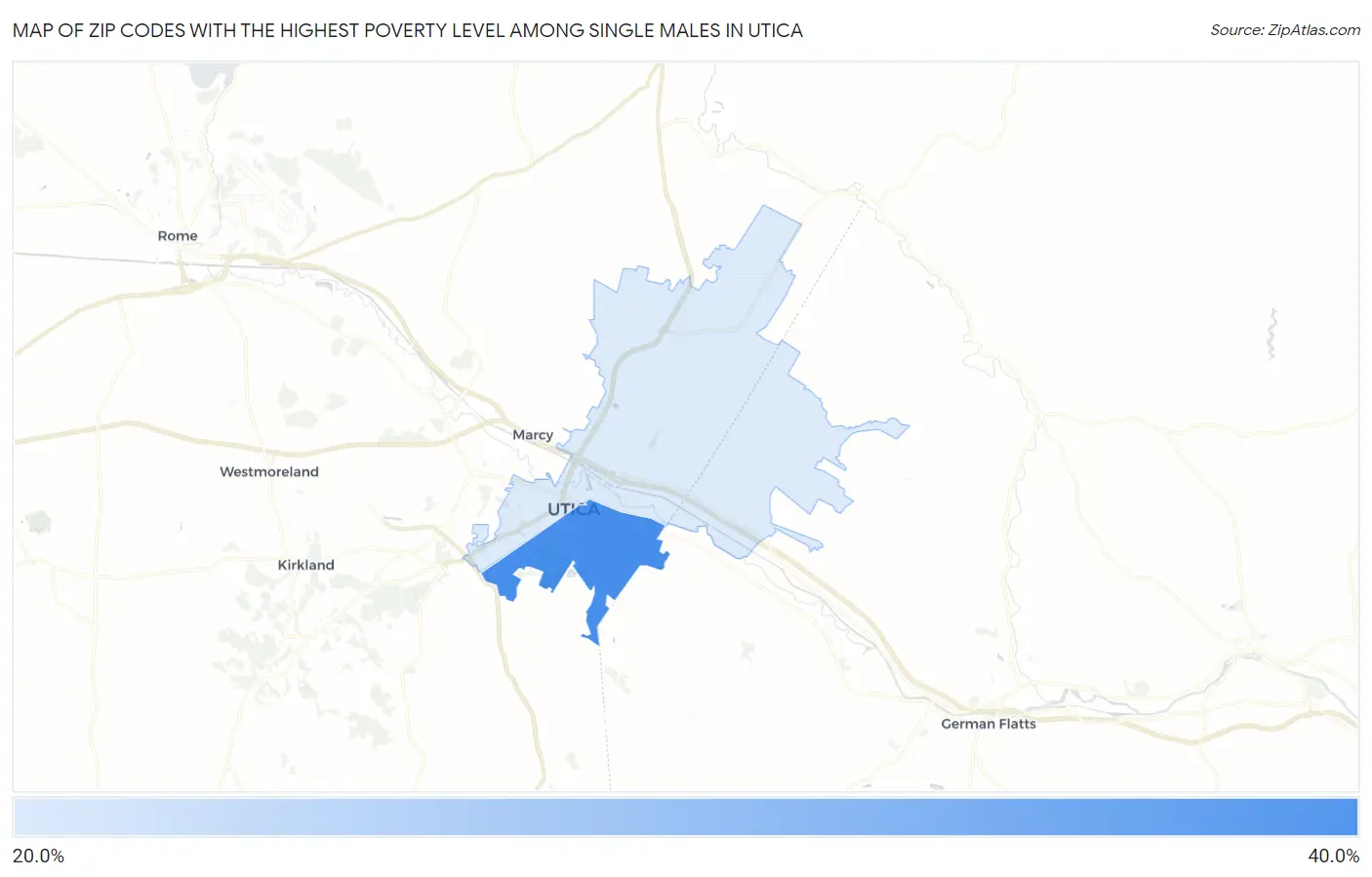 Zip Codes with the Highest Poverty Level Among Single Males in Utica Map