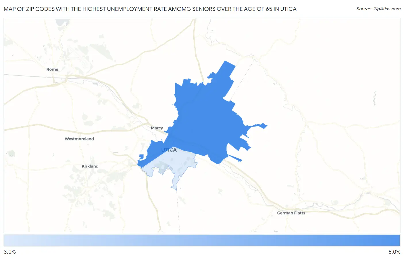 Zip Codes with the Highest Unemployment Rate Amomg Seniors Over the Age of 65 in Utica Map