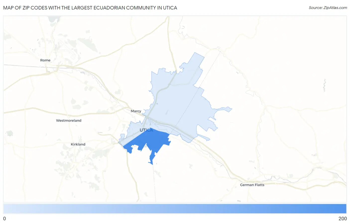 Zip Codes with the Largest Ecuadorian Community in Utica Map