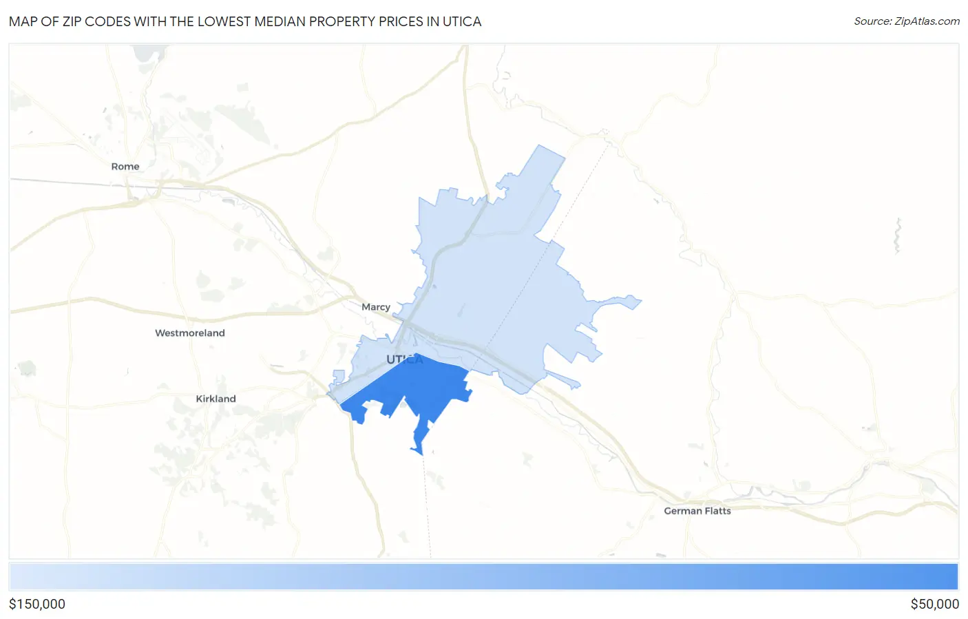 Zip Codes with the Lowest Median Property Prices in Utica Map