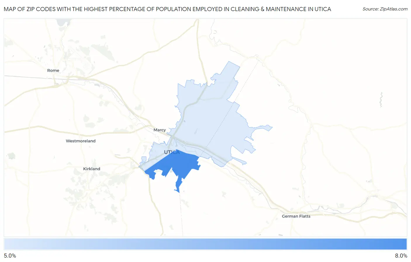 Zip Codes with the Highest Percentage of Population Employed in Cleaning & Maintenance in Utica Map