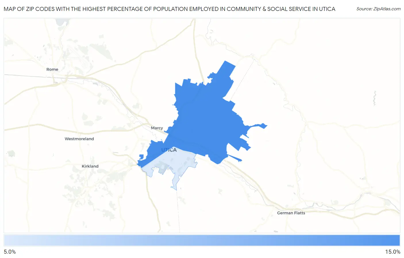 Zip Codes with the Highest Percentage of Population Employed in Community & Social Service  in Utica Map