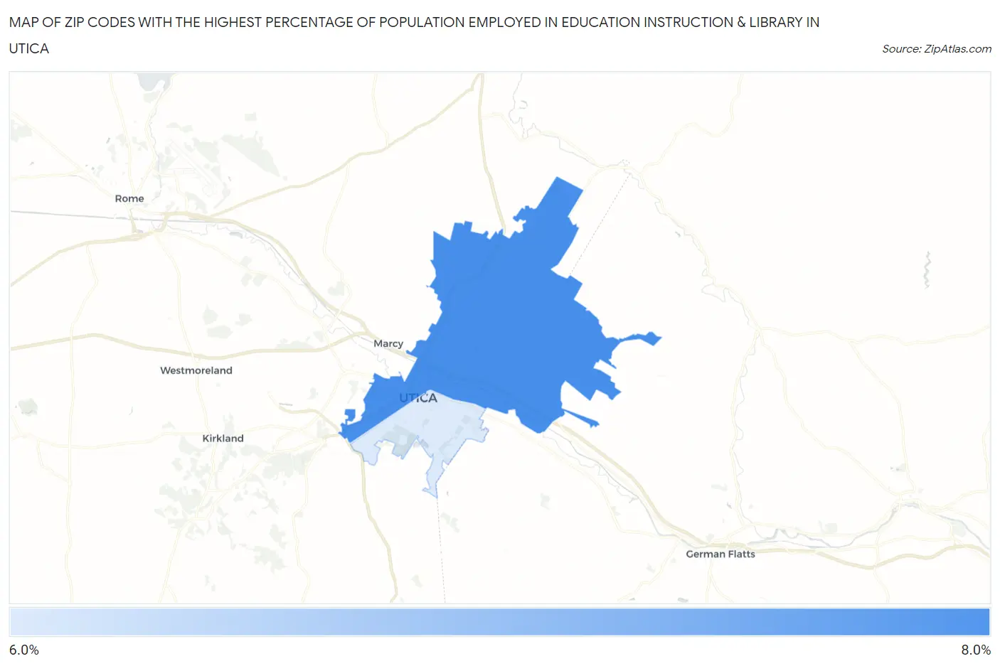 Zip Codes with the Highest Percentage of Population Employed in Education Instruction & Library in Utica Map