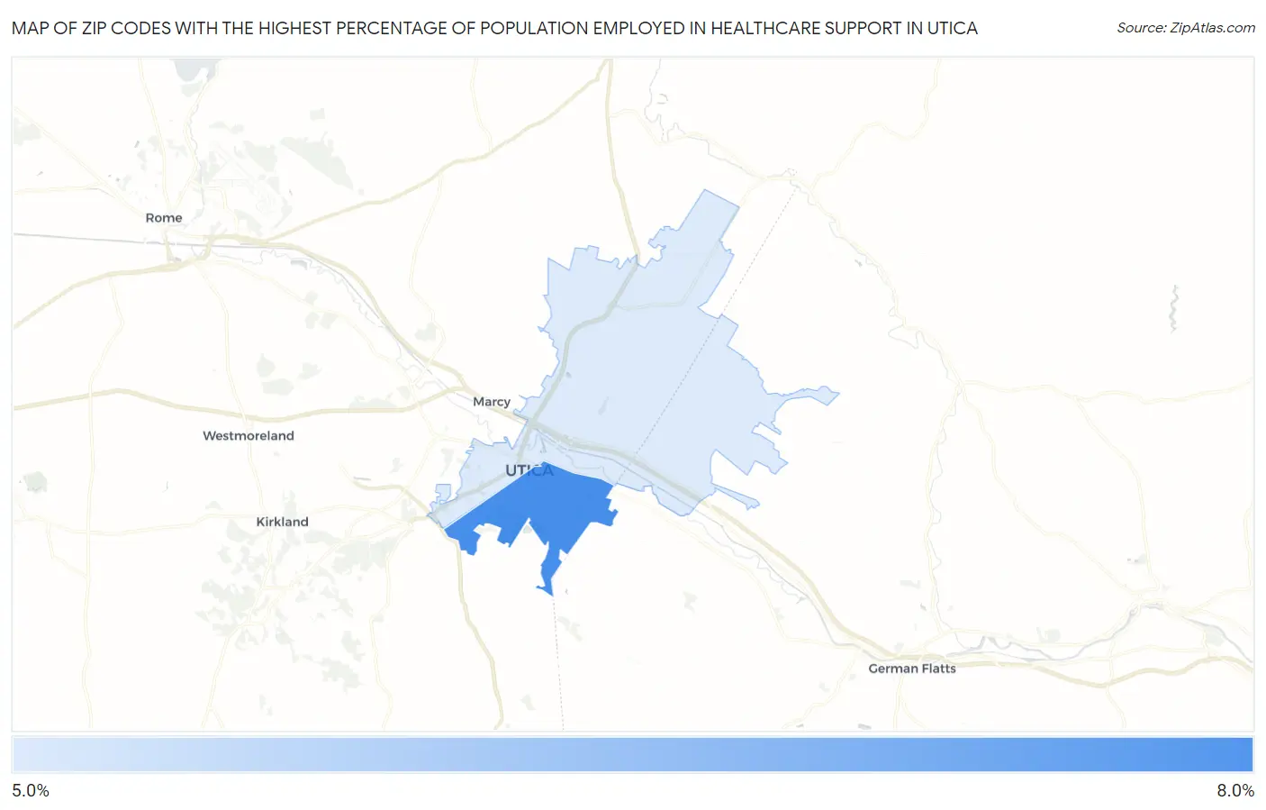 Zip Codes with the Highest Percentage of Population Employed in Healthcare Support in Utica Map