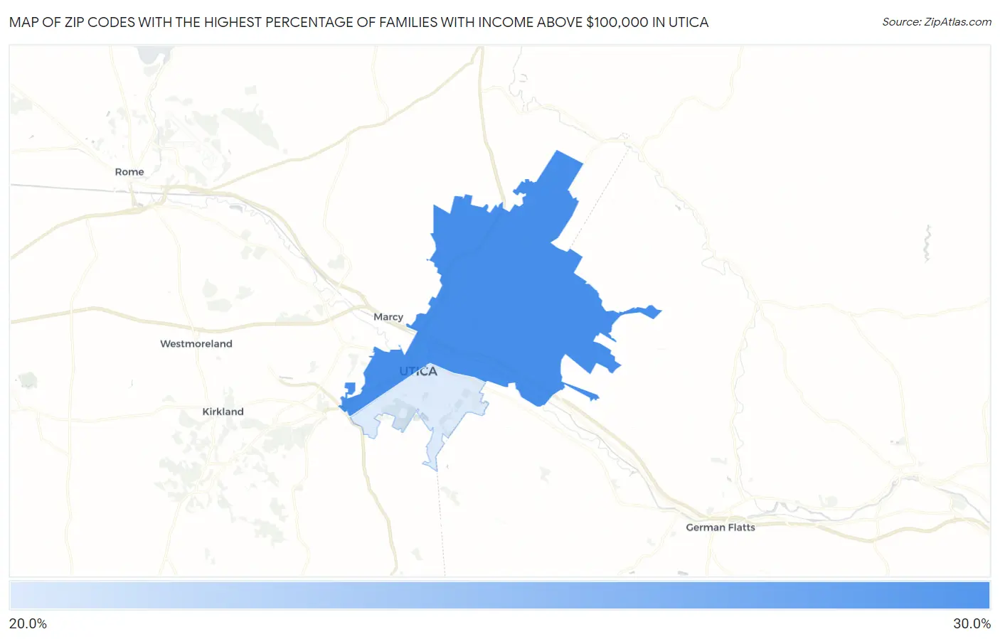 Zip Codes with the Highest Percentage of Families with Income Above $100,000 in Utica Map