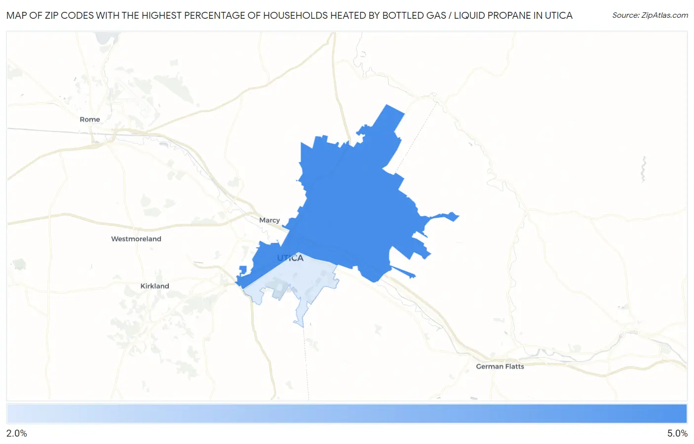 Zip Codes with the Highest Percentage of Households Heated by Bottled Gas / Liquid Propane in Utica Map