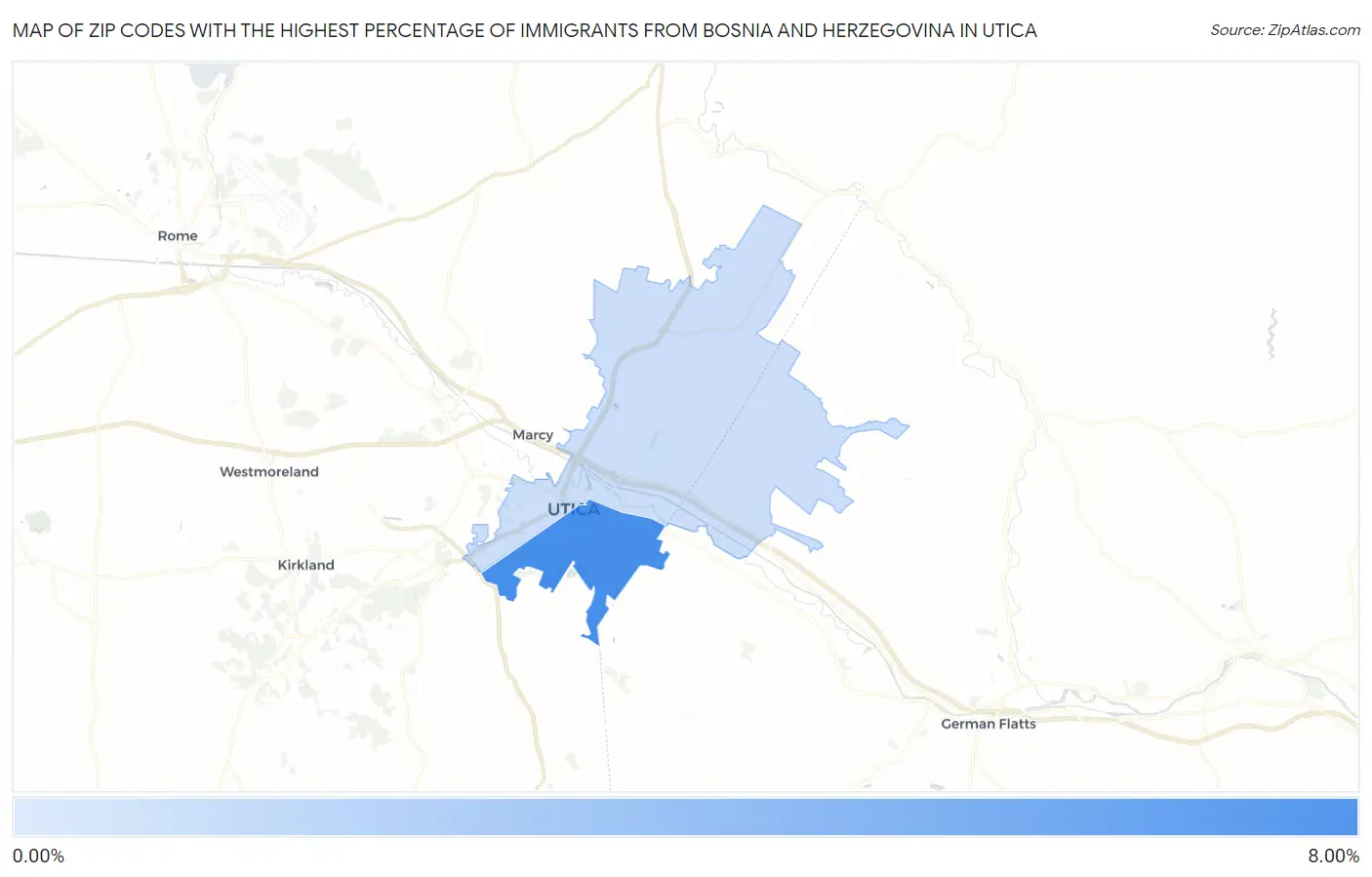 Zip Codes with the Highest Percentage of Immigrants from Bosnia and Herzegovina in Utica Map