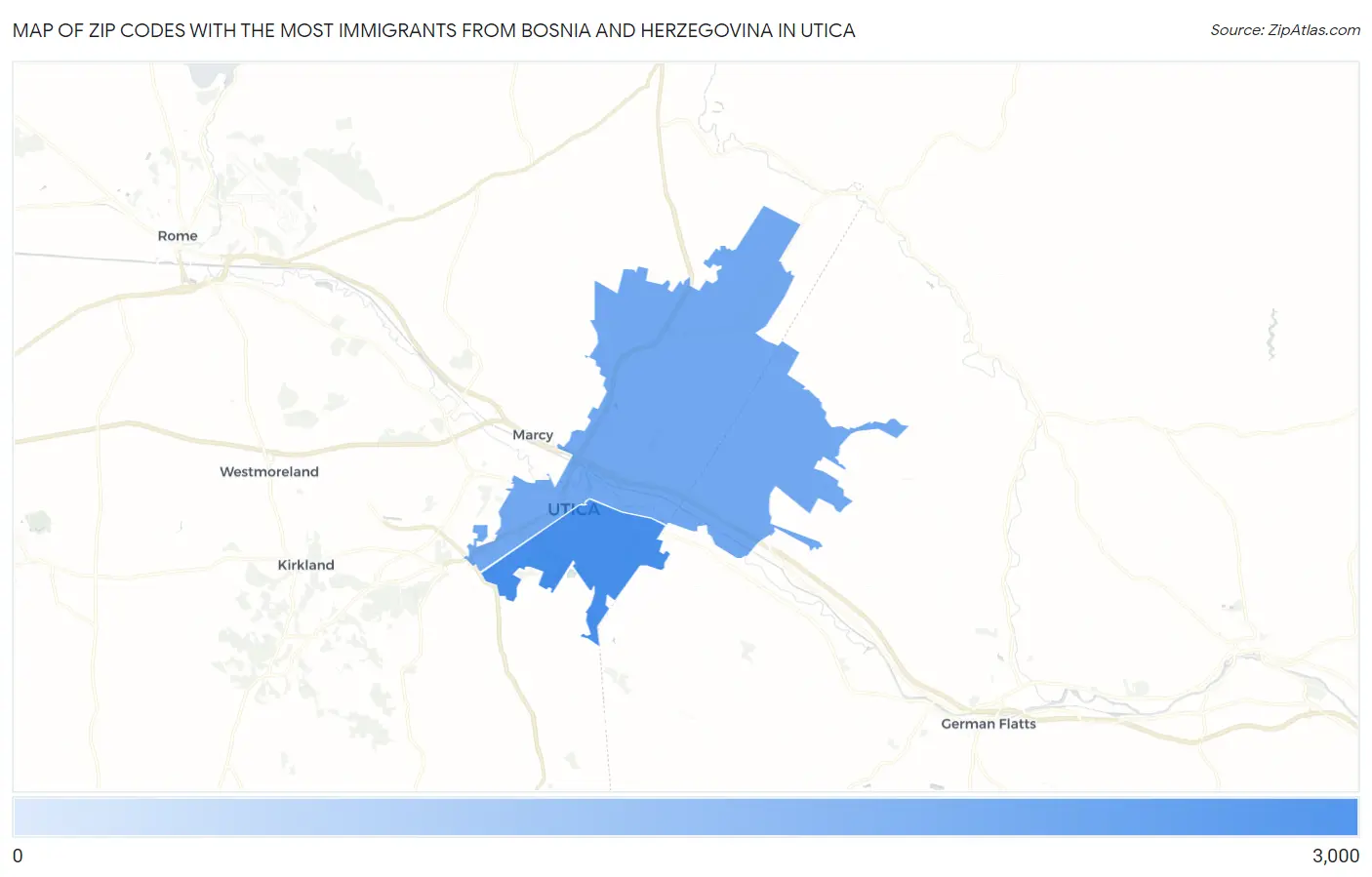 Zip Codes with the Most Immigrants from Bosnia and Herzegovina in Utica Map