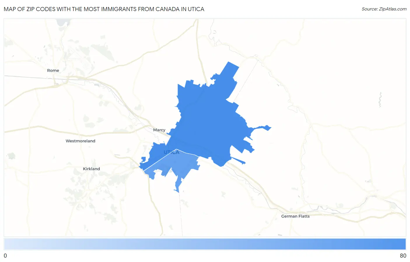 Zip Codes with the Most Immigrants from Canada in Utica Map