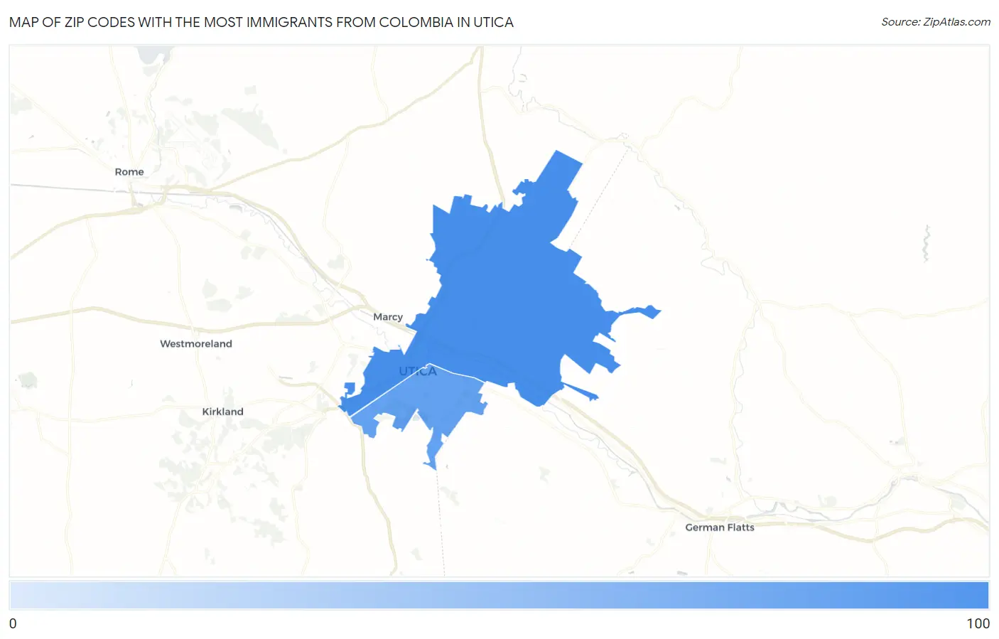 Zip Codes with the Most Immigrants from Colombia in Utica Map