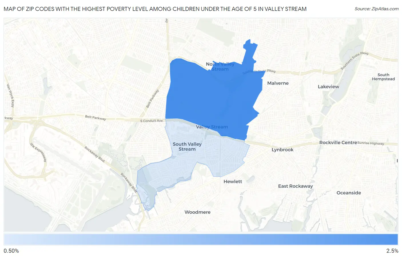 Zip Codes with the Highest Poverty Level Among Children Under the Age of 5 in Valley Stream Map