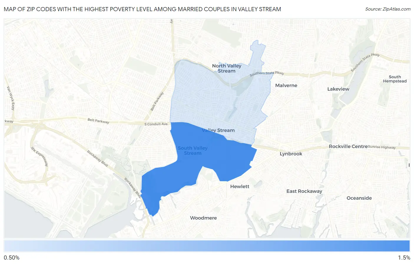 Zip Codes with the Highest Poverty Level Among Married Couples in Valley Stream Map