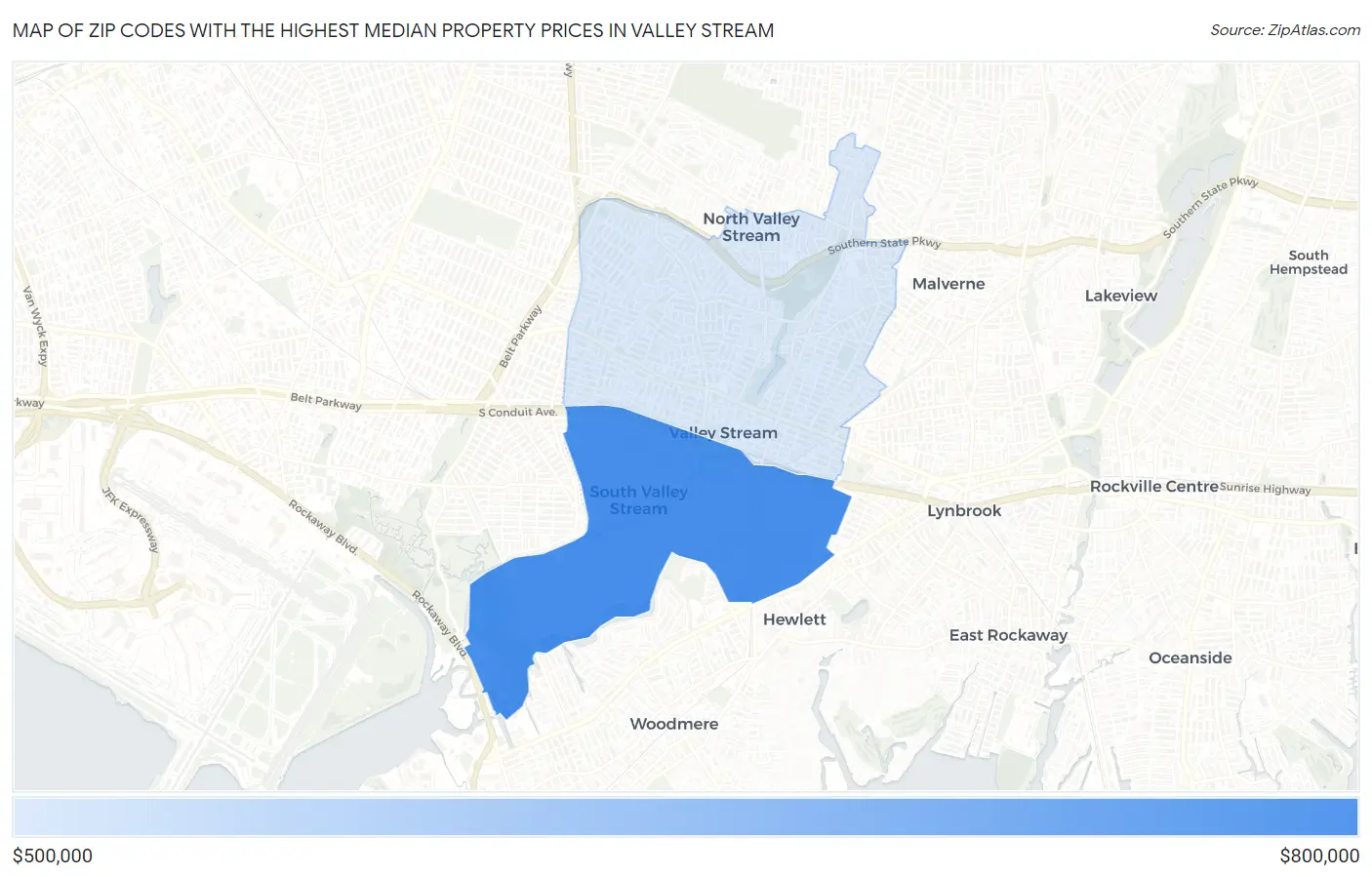 Zip Codes with the Highest Median Property Prices in Valley Stream Map