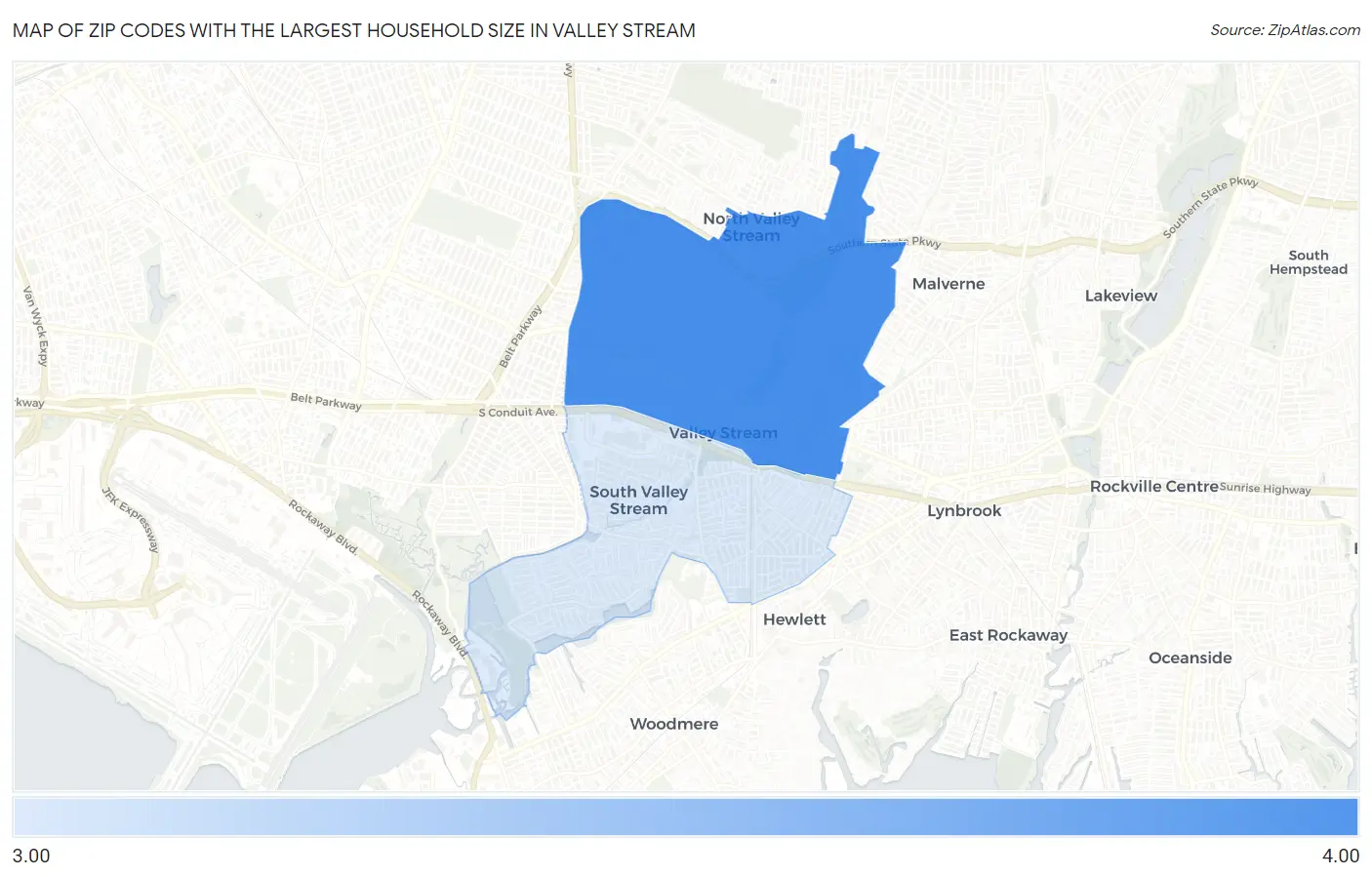 Zip Codes with the Largest Household Size in Valley Stream Map