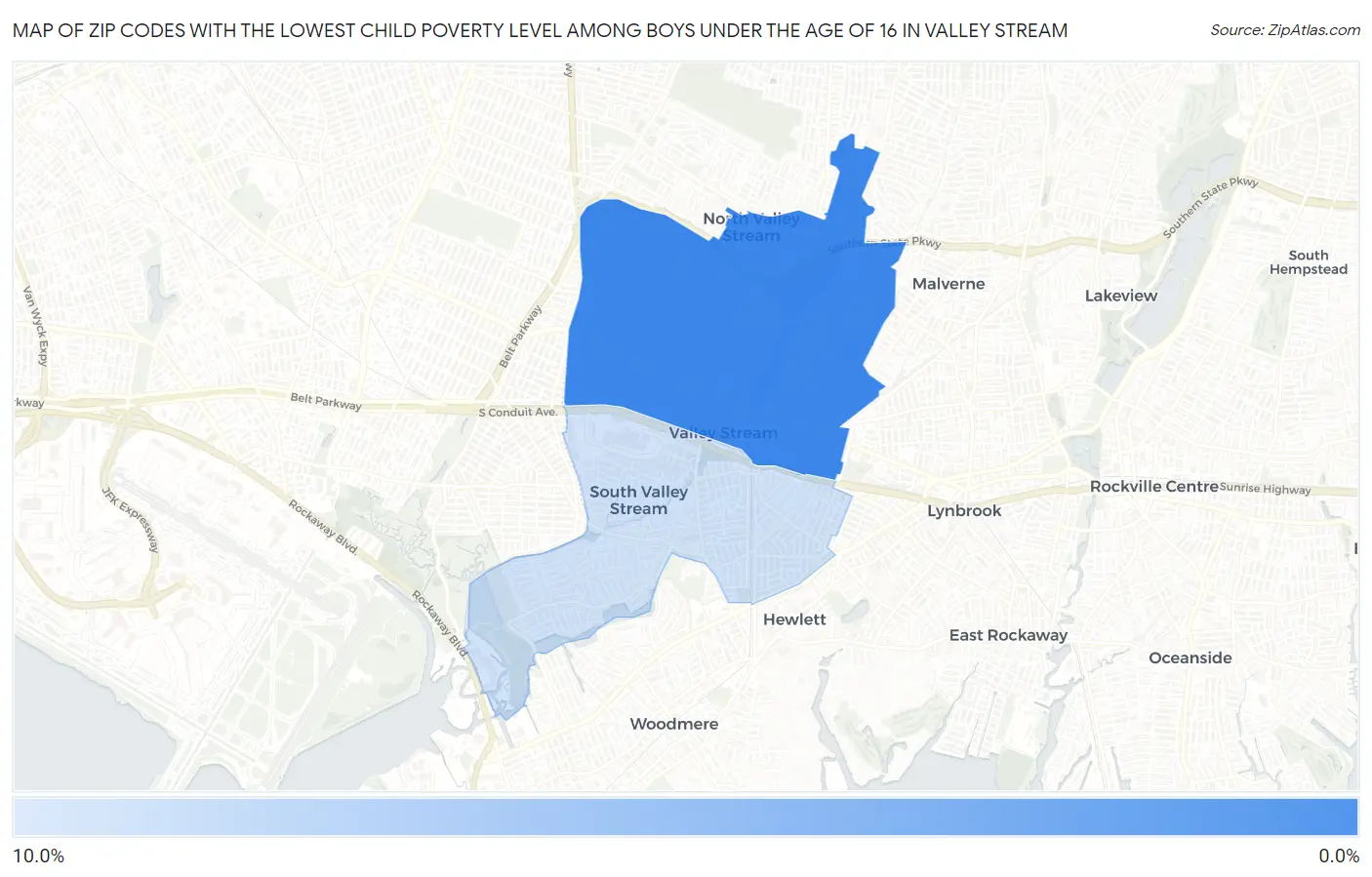Zip Codes with the Lowest Child Poverty Level Among Boys Under the Age of 16 in Valley Stream Map