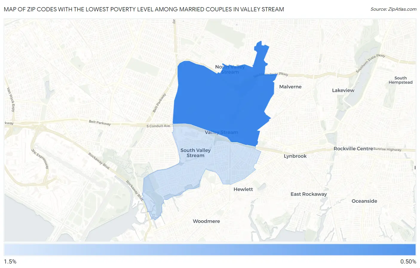 Zip Codes with the Lowest Poverty Level Among Married Couples in Valley Stream Map