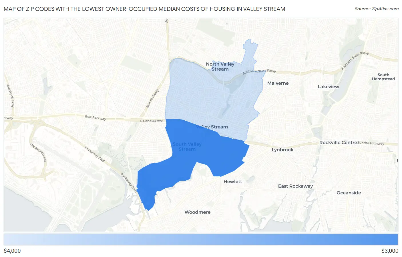 Zip Codes with the Lowest Owner-Occupied Median Costs of Housing in Valley Stream Map