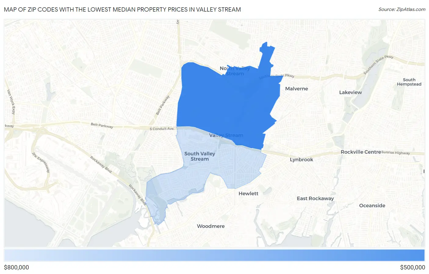 Zip Codes with the Lowest Median Property Prices in Valley Stream Map