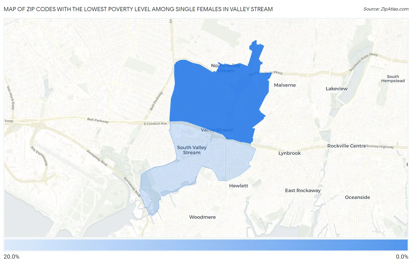 Zip Codes with the Lowest Poverty Level Among Single Females in Valley Stream Map