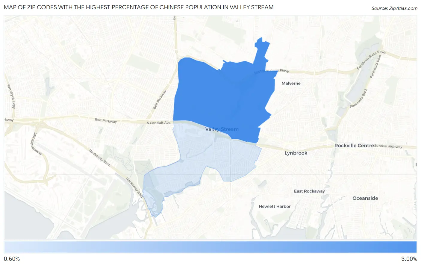 Zip Codes with the Highest Percentage of Chinese Population in Valley Stream Map