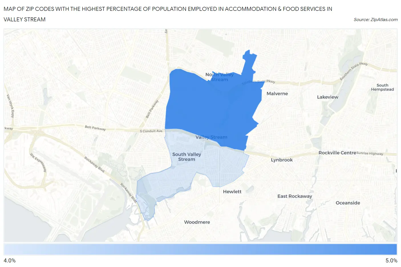 Zip Codes with the Highest Percentage of Population Employed in Accommodation & Food Services in Valley Stream Map