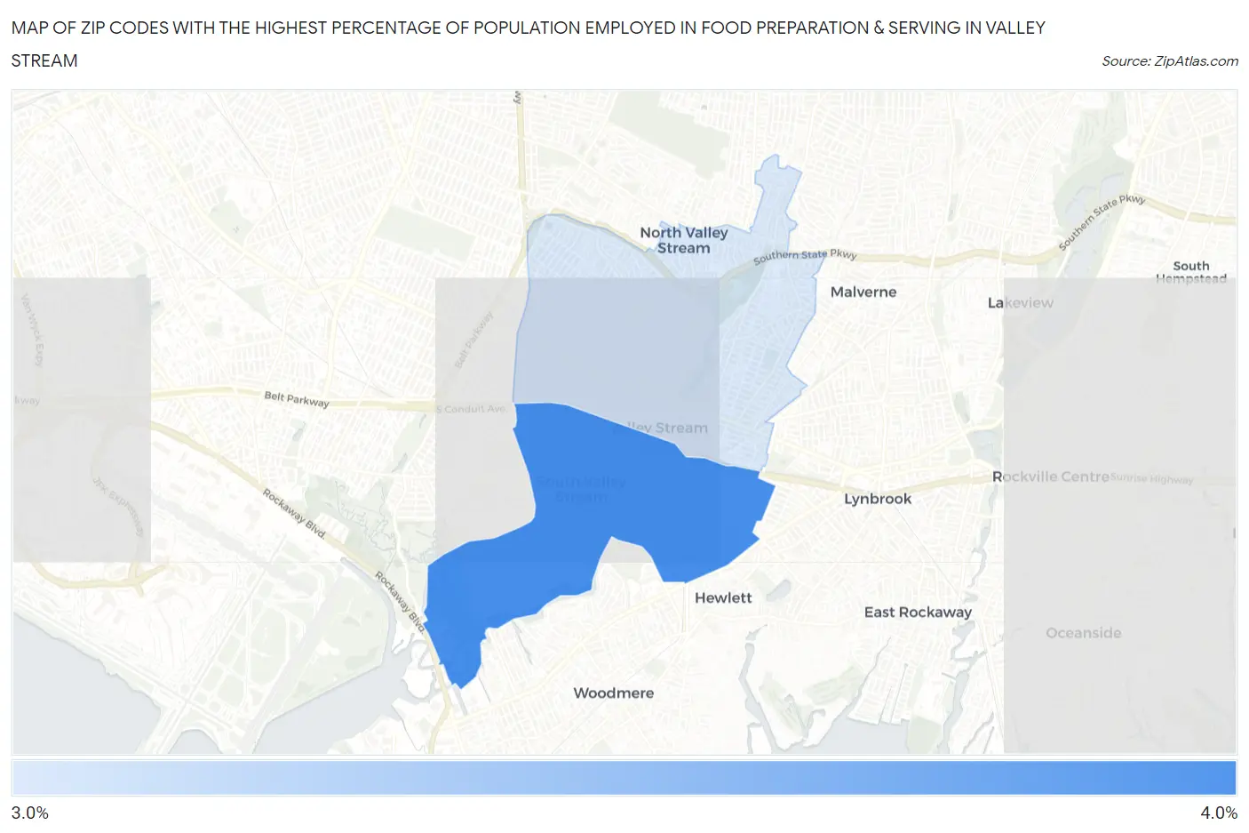Zip Codes with the Highest Percentage of Population Employed in Food Preparation & Serving in Valley Stream Map