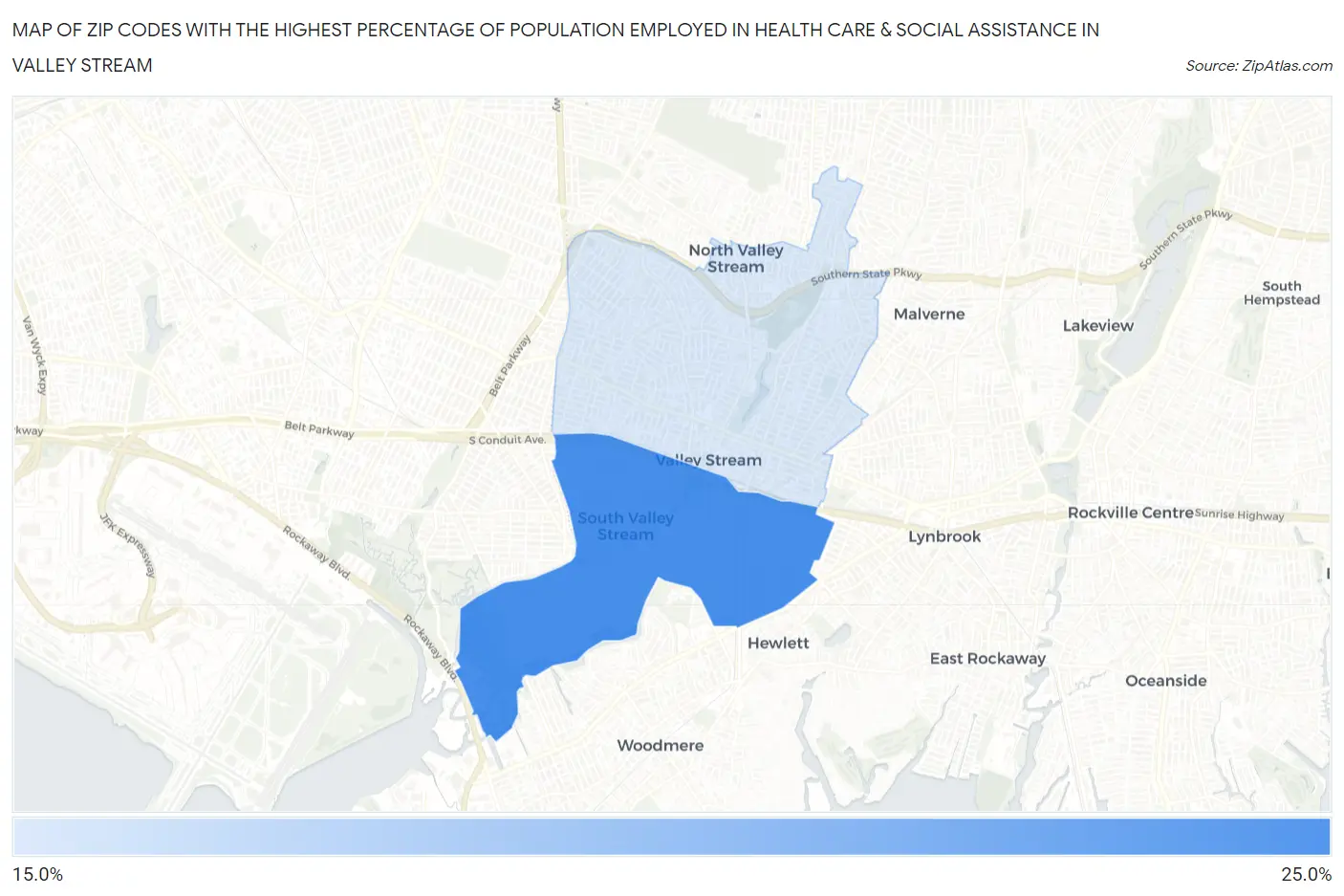 Zip Codes with the Highest Percentage of Population Employed in Health Care & Social Assistance in Valley Stream Map
