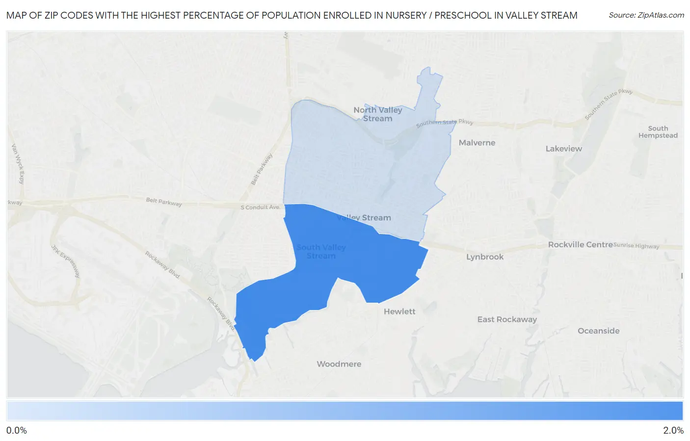 Zip Codes with the Highest Percentage of Population Enrolled in Nursery / Preschool in Valley Stream Map