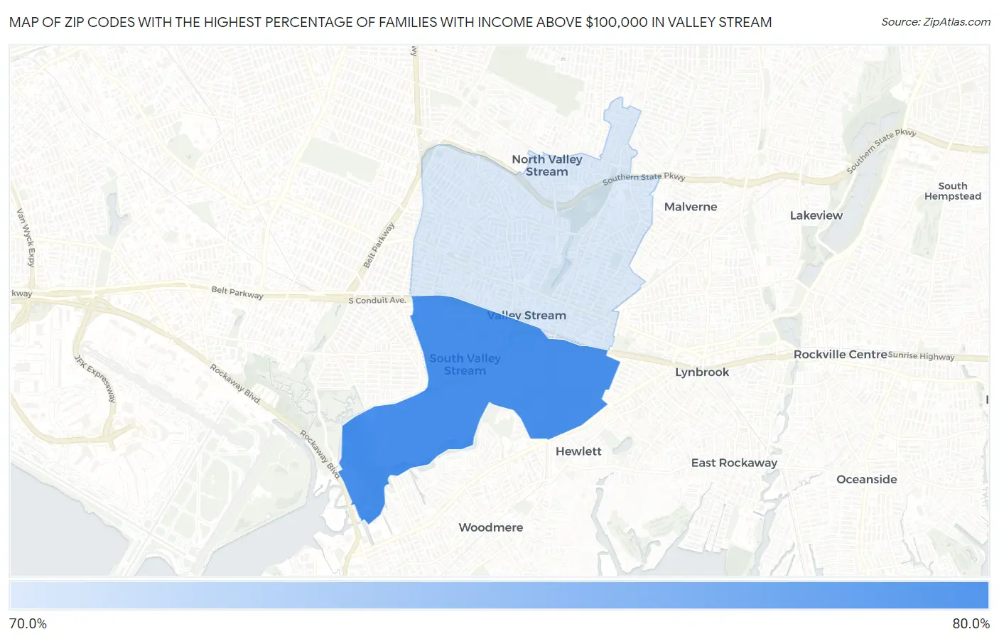 Zip Codes with the Highest Percentage of Families with Income Above $100,000 in Valley Stream Map