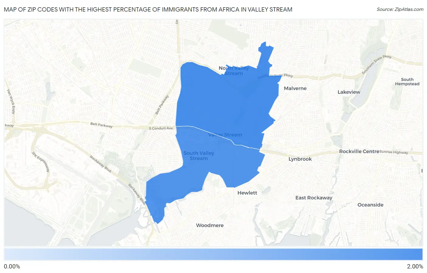 Zip Codes with the Highest Percentage of Immigrants from Africa in Valley Stream Map