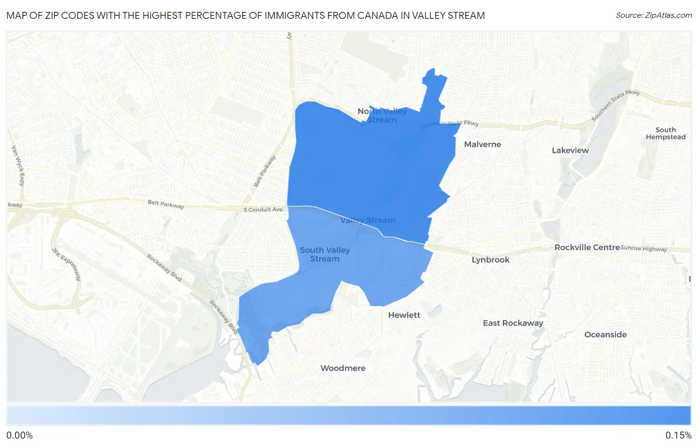 Zip Codes with the Highest Percentage of Immigrants from Canada in Valley Stream Map