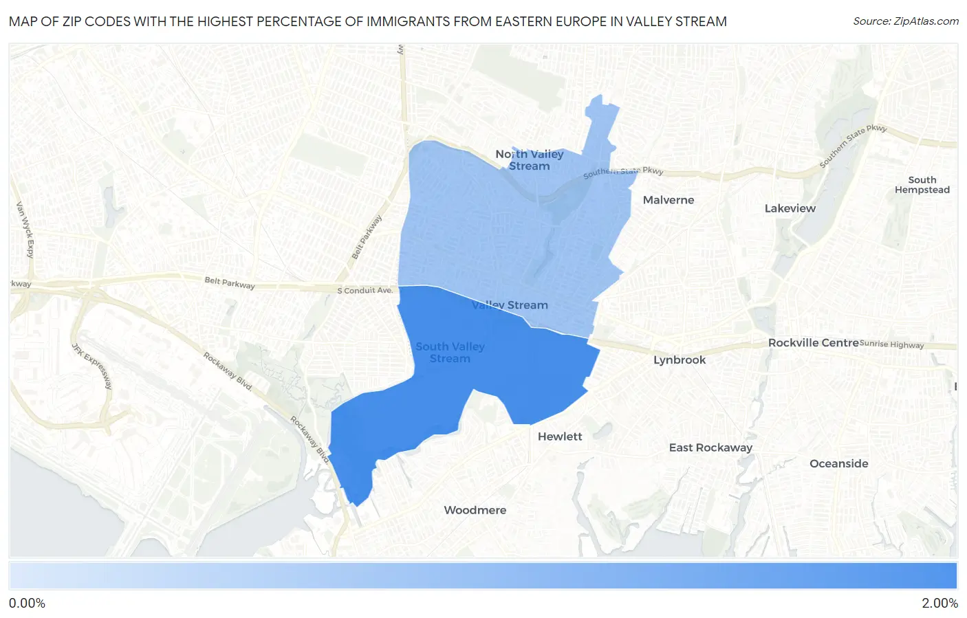Zip Codes with the Highest Percentage of Immigrants from Eastern Europe in Valley Stream Map