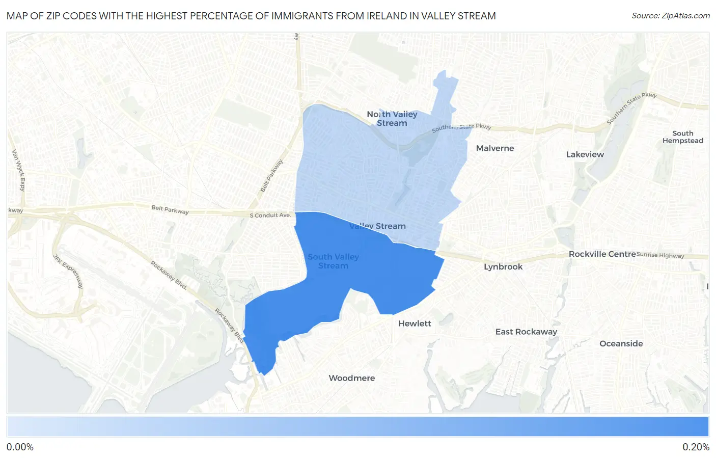Zip Codes with the Highest Percentage of Immigrants from Ireland in Valley Stream Map