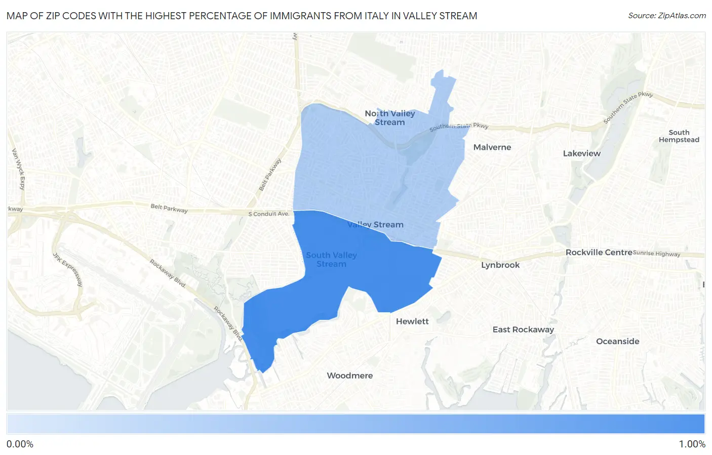 Zip Codes with the Highest Percentage of Immigrants from Italy in Valley Stream Map