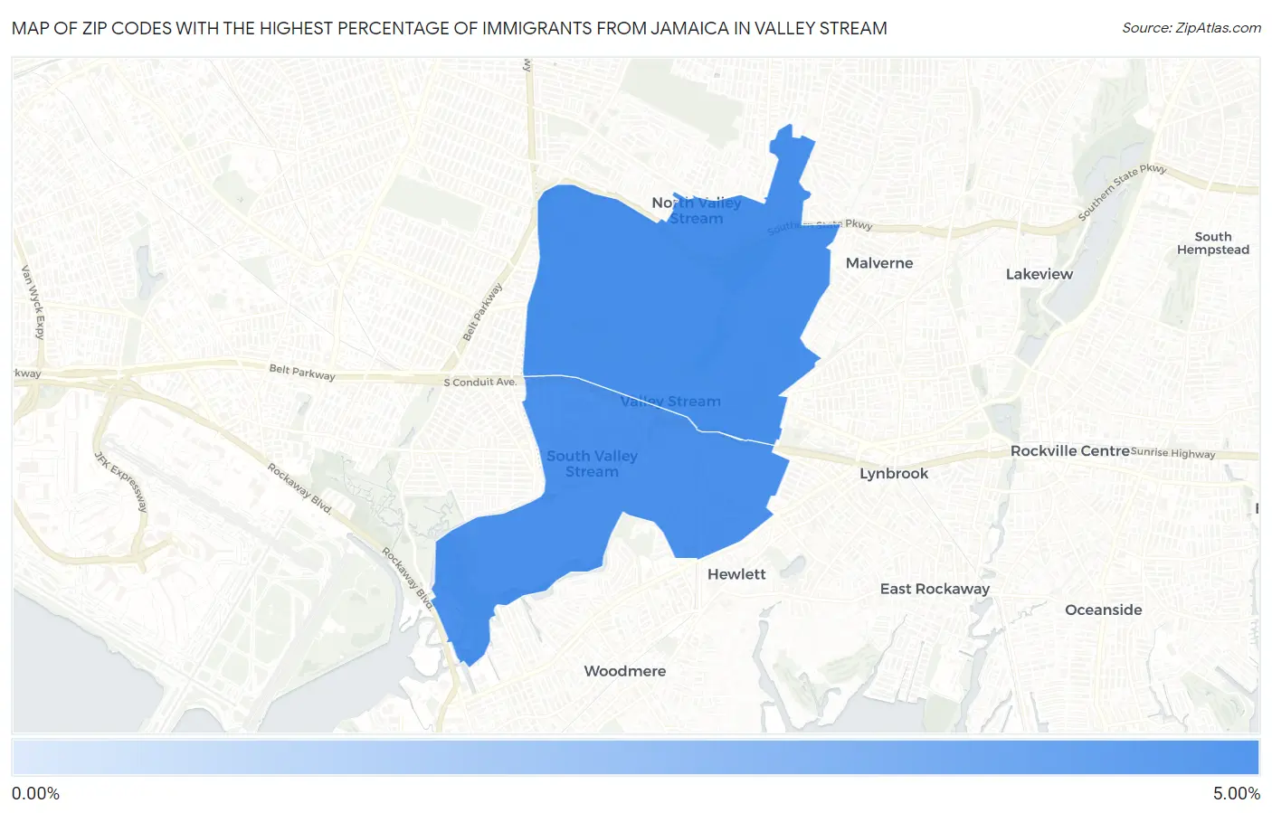 Zip Codes with the Highest Percentage of Immigrants from Jamaica in Valley Stream Map