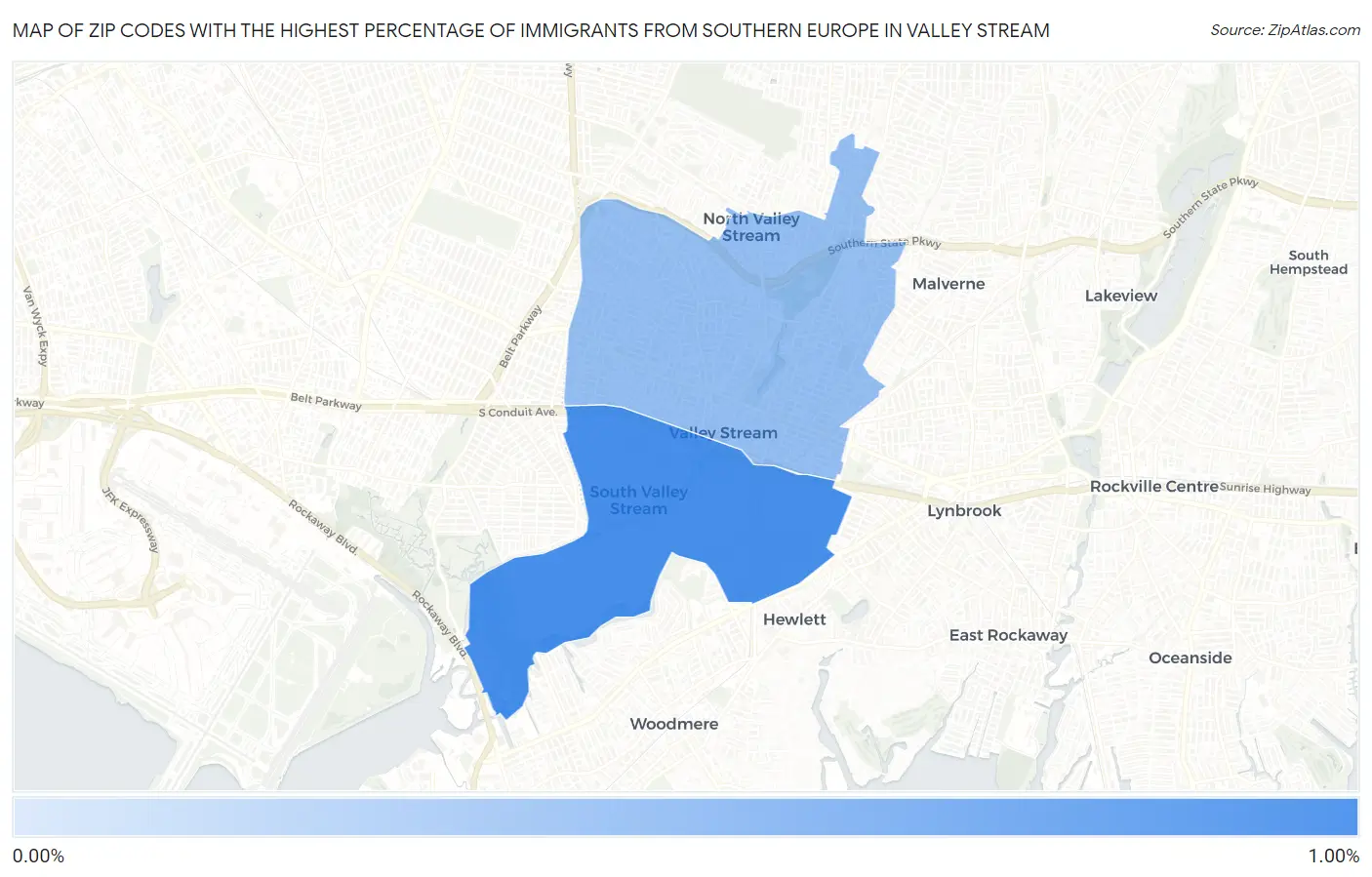 Zip Codes with the Highest Percentage of Immigrants from Southern Europe in Valley Stream Map