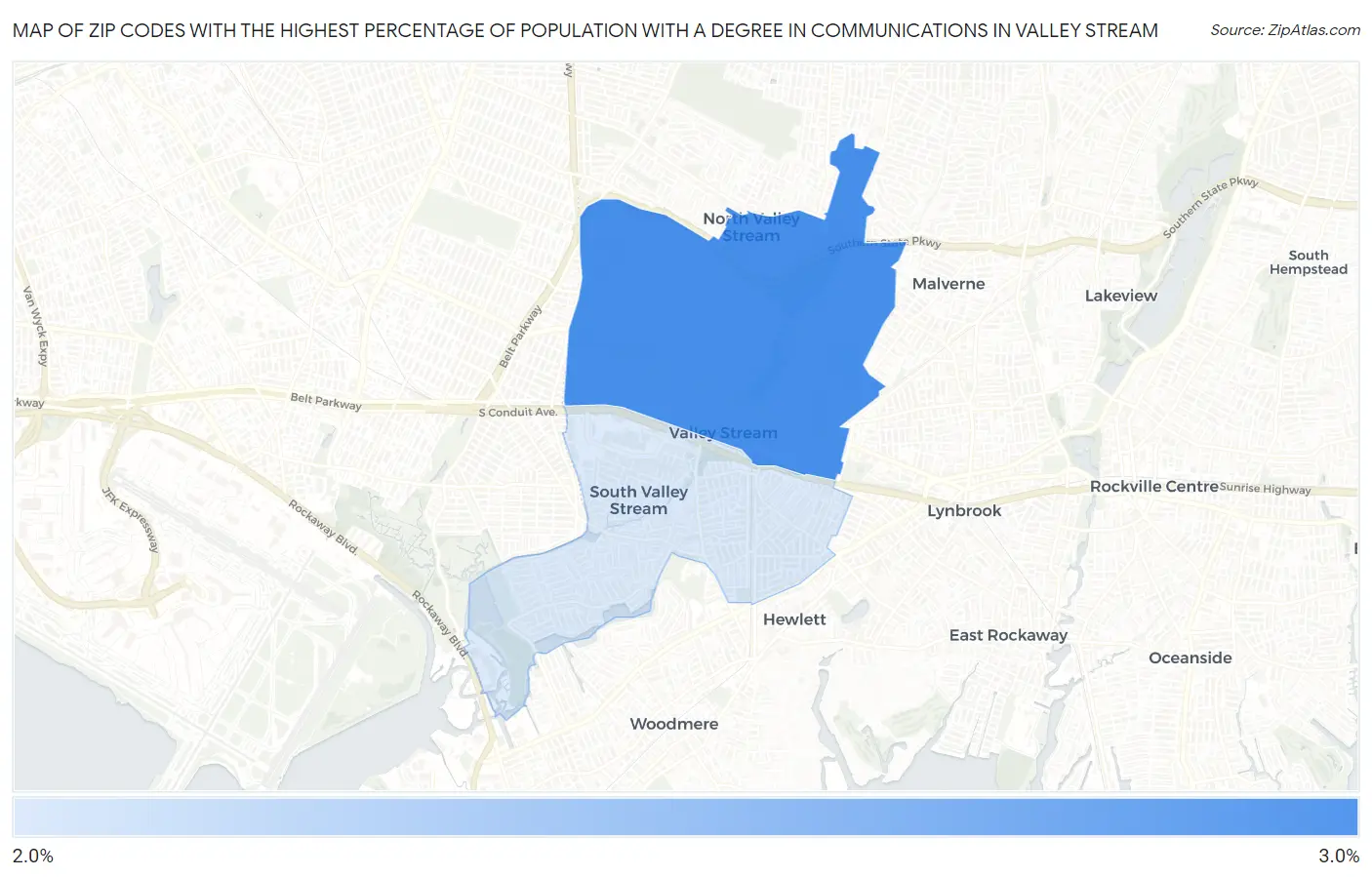 Zip Codes with the Highest Percentage of Population with a Degree in Communications in Valley Stream Map