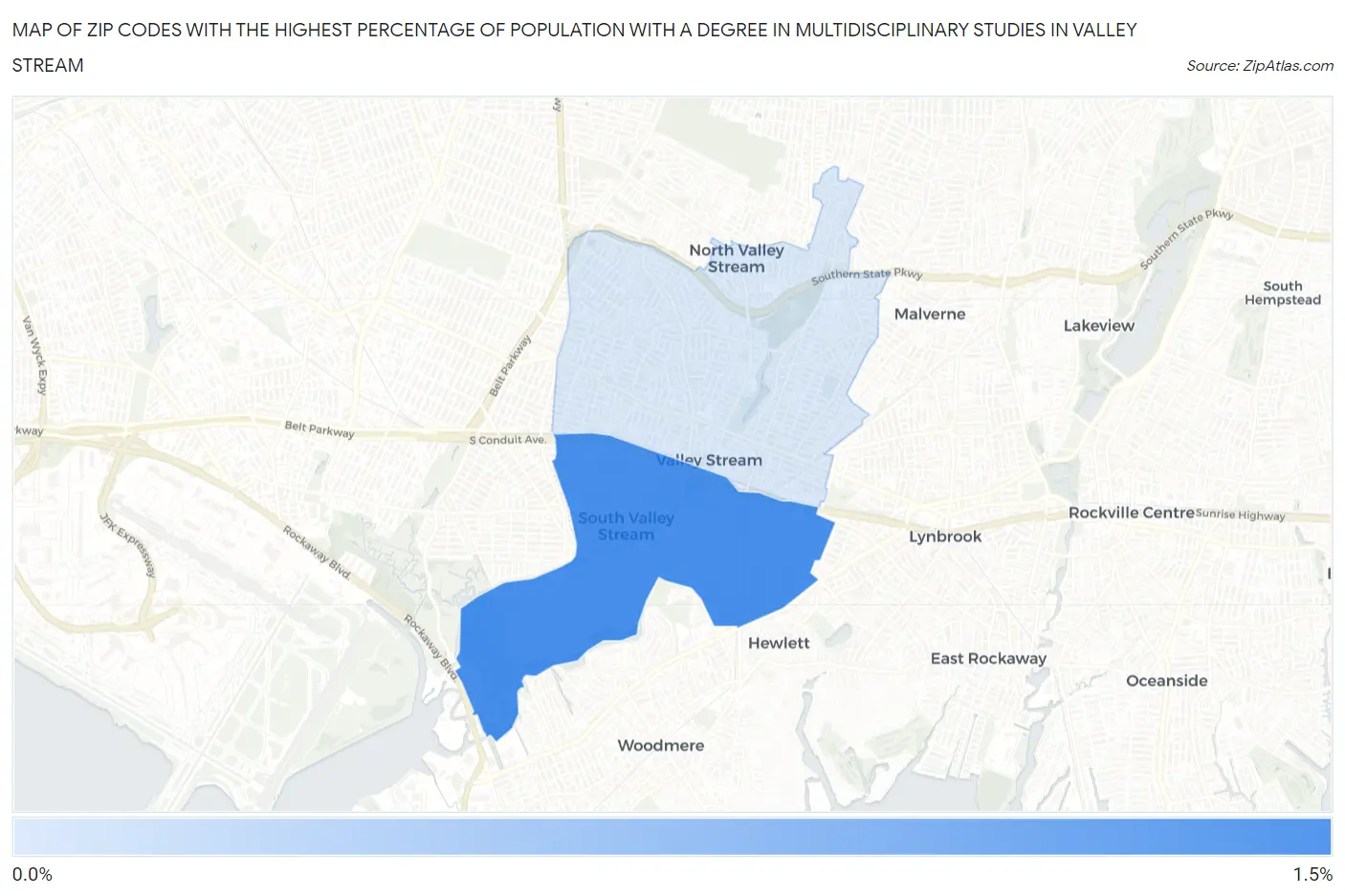 Zip Codes with the Highest Percentage of Population with a Degree in Multidisciplinary Studies in Valley Stream Map