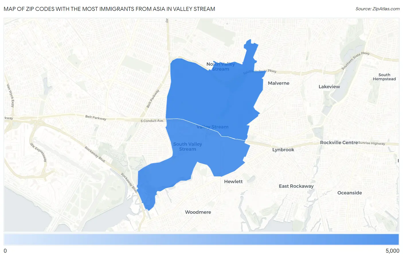 Zip Codes with the Most Immigrants from Asia in Valley Stream Map