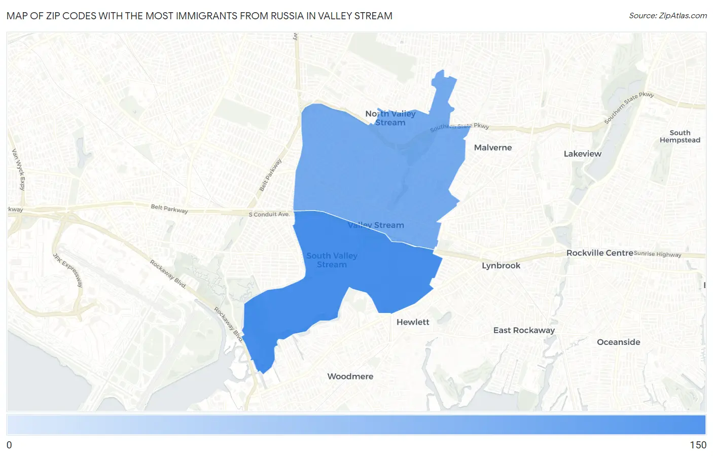 Zip Codes with the Most Immigrants from Russia in Valley Stream Map