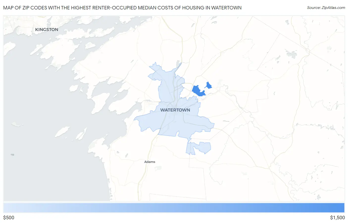 Zip Codes with the Highest Renter-Occupied Median Costs of Housing in Watertown Map