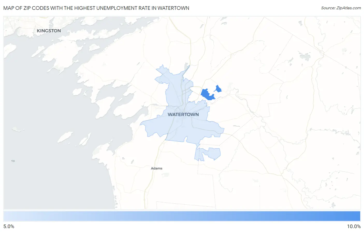 Zip Codes with the Highest Unemployment Rate in Watertown Map